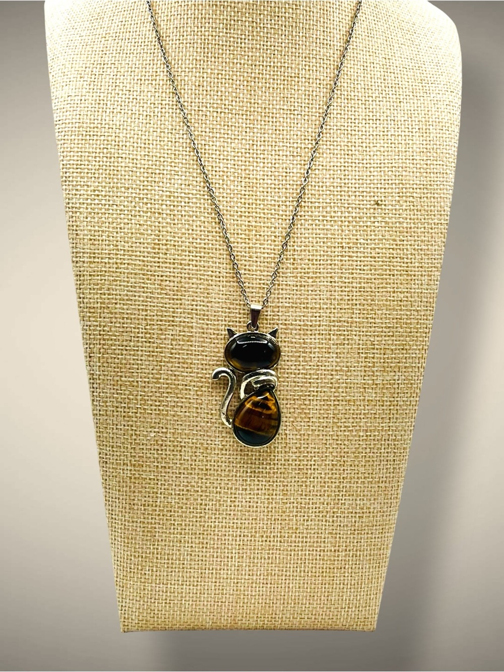 Cute Tiger Eye Natural Stone Cat Kitten Pendant Necklace Silver Tone - Picture 10 of 16